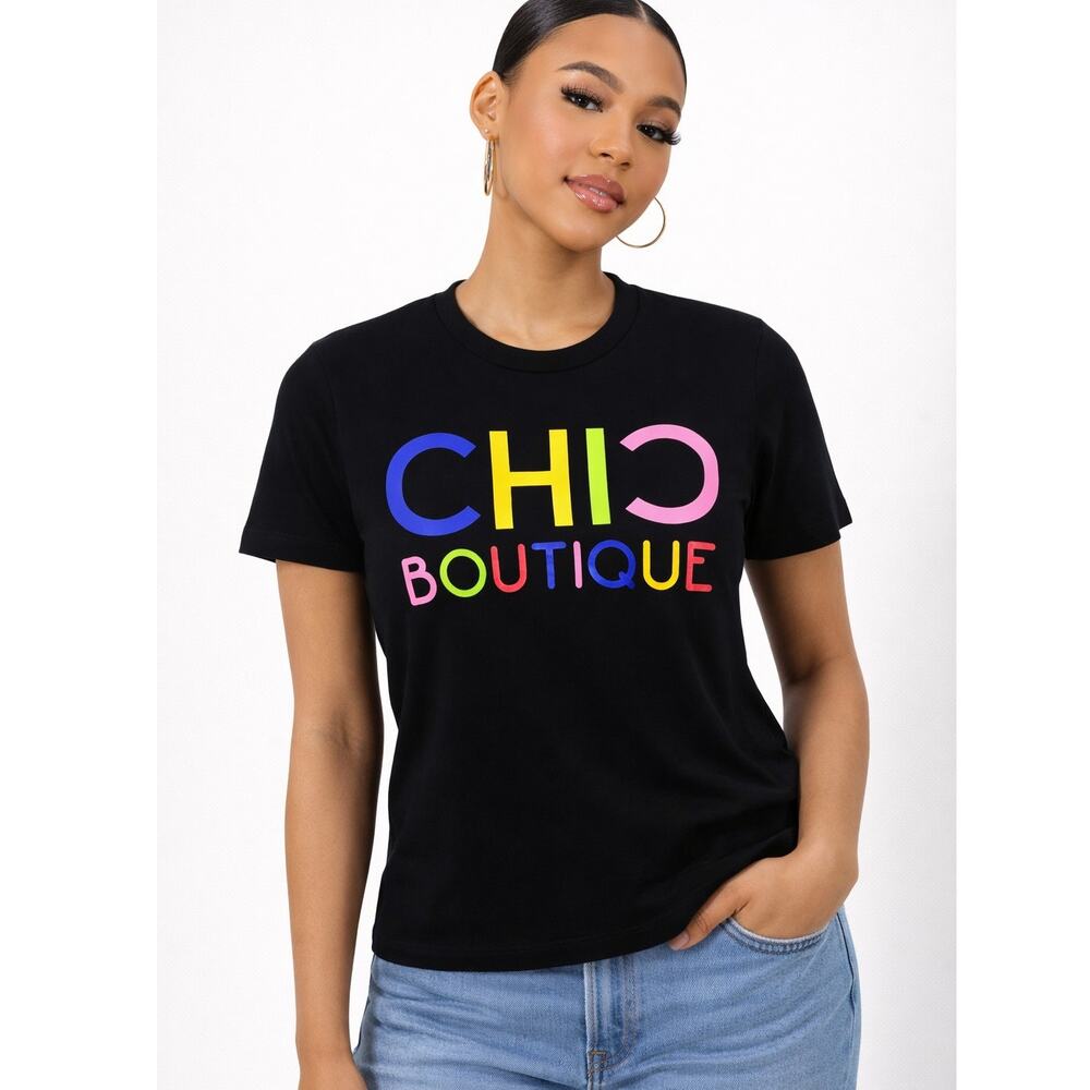 Moschino T-Shirt Womens Small Black Rainbow Letters Short Sleeve Chic Boutique